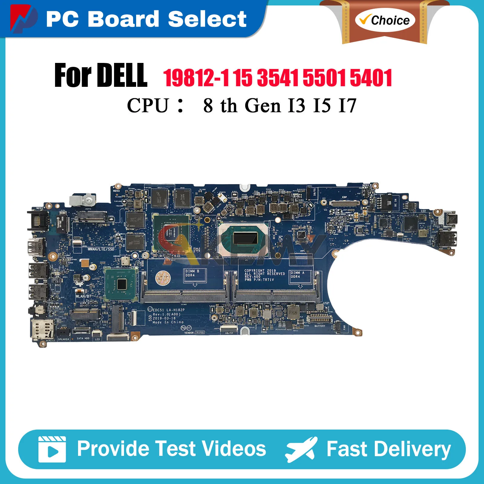

Laptop Motherboard For DELL Latitude 5501 Precision 3541 LA-H182P with i7 i9-9th Gen CPU CN-0WH66R CN-0DTNGJ DTNGJ Tested OK