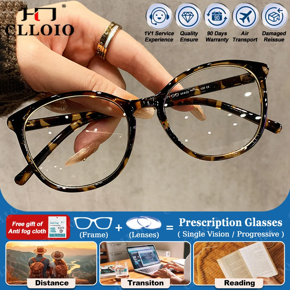 

CLLOIO Fashion Round Myopia Glasses for Student Women Simple Anti Blue Light Eyeware Progressive Reading Prescription Eyeglasses
