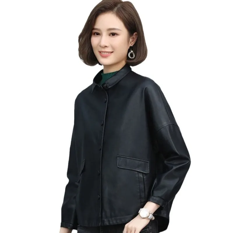 Jaqueta de couro feminina lapelas único breasted emendado bolso jaqueta primavera outono estilo fino moda tamanho grande casaco feminino
