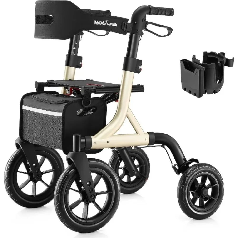 für Senioren, Rollator-Gehhilfe mit Sitz, 12" große Gummiräder, All-Terrain-Rollator-Gehhilfe mit Rückenlehne, integriertes Kabel,