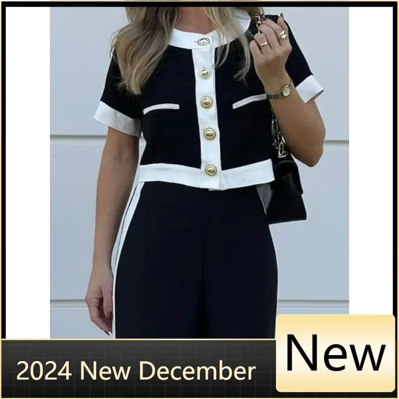 

Customized Fashion Two Piece Set Women Round Neck Short Sleeve Patchwork Singe Breasted Button Top Loose Wide Legs Pants Sets 20