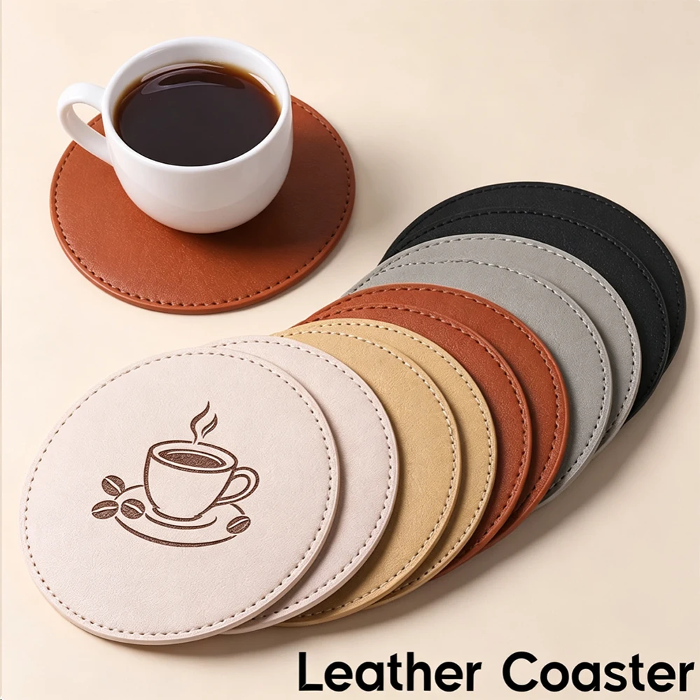 5PCS Personalized PU Leather Coaster 11cm Waterproof Heat Resistant Non Stick Placemat Tea Coffee Cup Bar Counter Home Decor