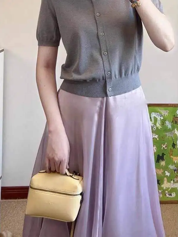 Pure Desire Light Purple Glowing A-Line Midi Skirt Women's Summer 2025 New Fairy Sle Flower Bud Long Skirt High Waist