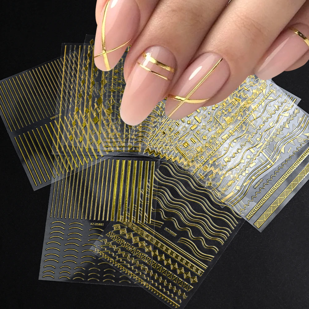 1Pcs 3D 골드 프렌치 라인 네일 스티커 금속 곡선/기하학적 스트라이프/웨이브 자체 접착 데칼 럭셔리 매니큐어 장식 슬라이더