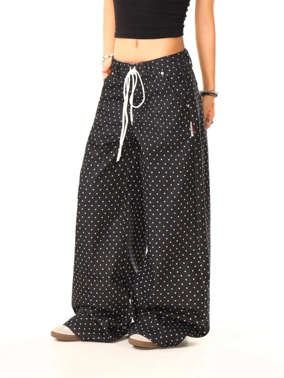 Jean noir personnalisé imprimé rétro à pois pour femmes, pantalon en Denim à jambes larges, Style Hip-hop, taille haute, pantalon de rue