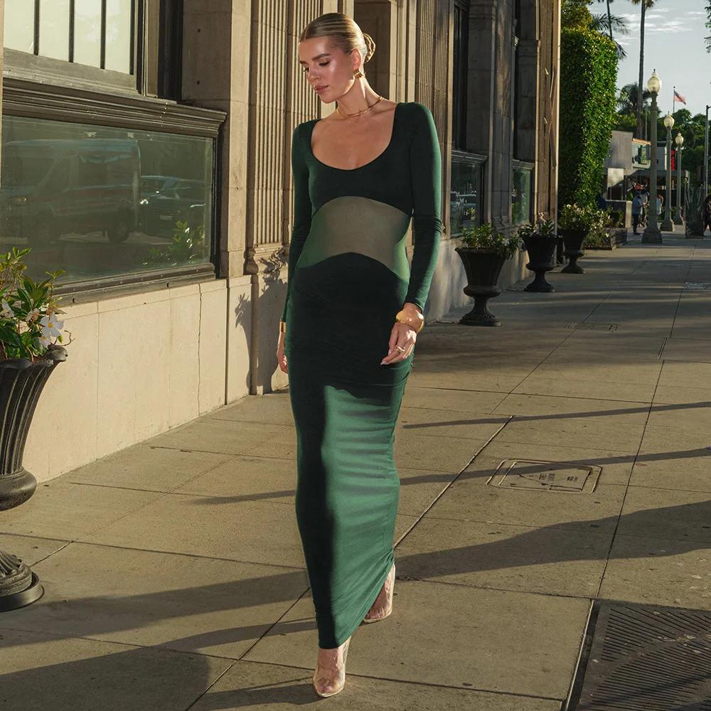 Absobe-maxivestido Sexy de malla transparente para mujer, vestido elegante ajustado con cuello cuadrado de Color sólido, ropa de fiesta de otoño e invierno 2025