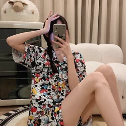 Yeni Disney Yeni Mickey Mouse Ipek Pijama Erkek ve Kadın Sevimli Rahat Serin Nefes Yaz Çift Ev Pijama Takım Elbise