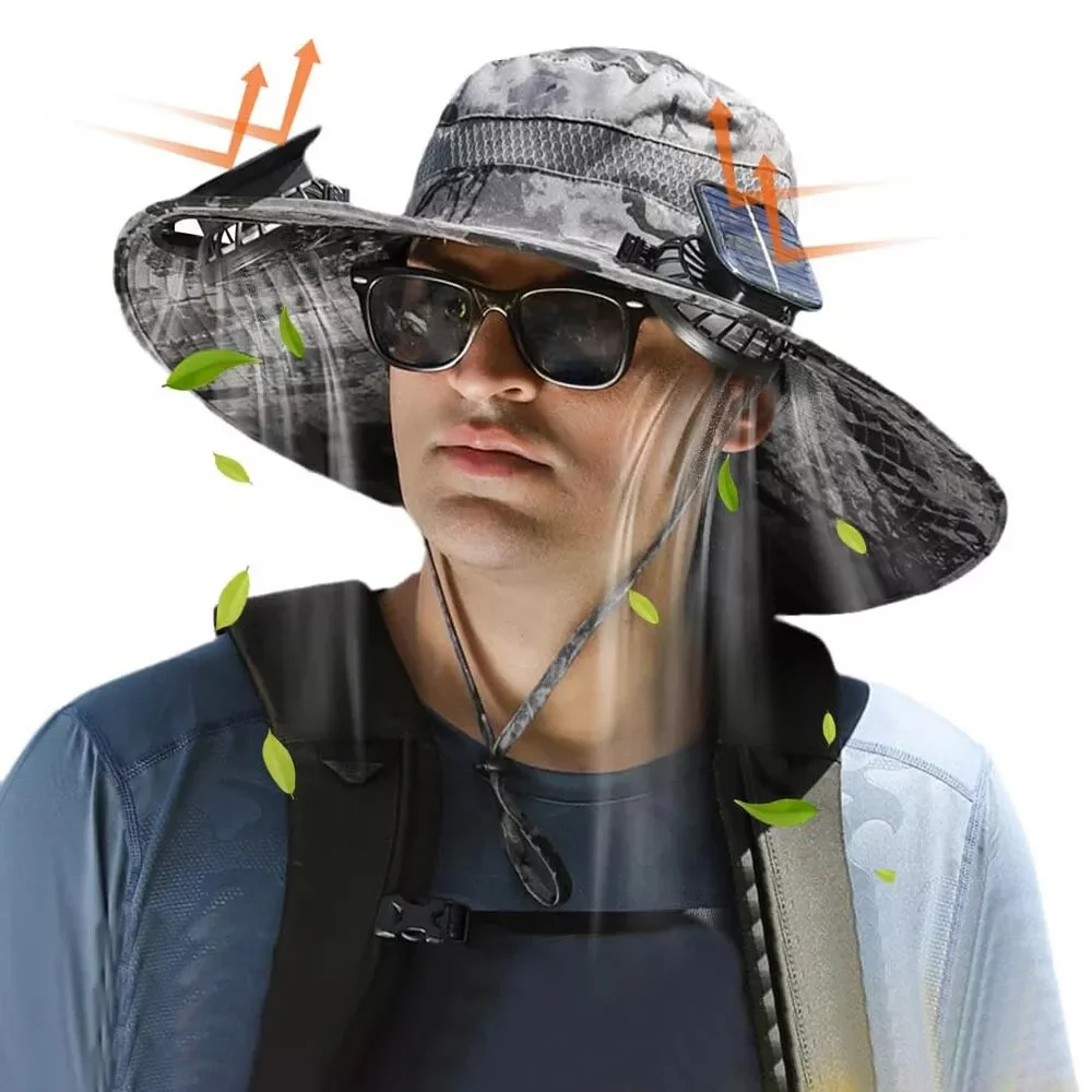 Hat with Solar Fans Built in  for Outdoor Hiking Camping Fishing Garden Wide Brim Sun Hat with Fan - Solar Fan Hat  Dark Gray Camouflage  Large Fishing Hat with Fans for Men