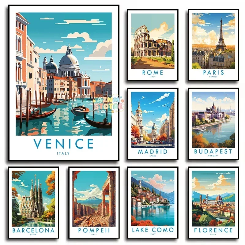 City Travel Florence Madrid Paris Venice Architecture Landscape Retro Poster Canvas Painting Wall Art Pictures Home Decor