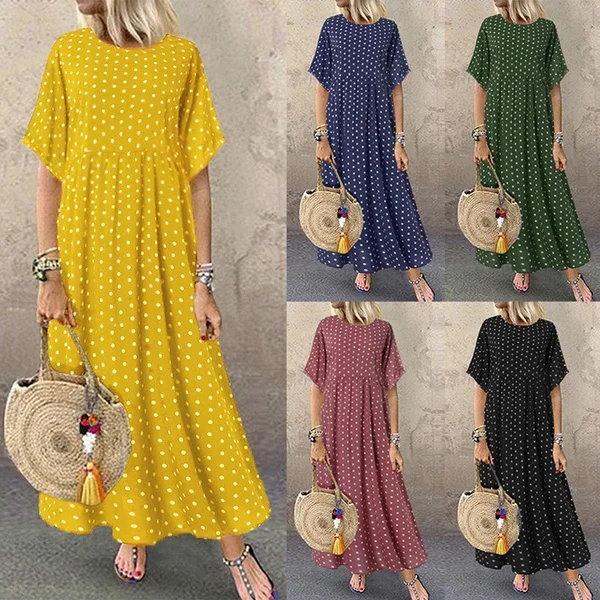 

Women Vintage Maxi Dress Summer New Short Sleeve Buttons Printed Long Dresses Casual Dot Loose Big Swing Dress Robe Streetwear