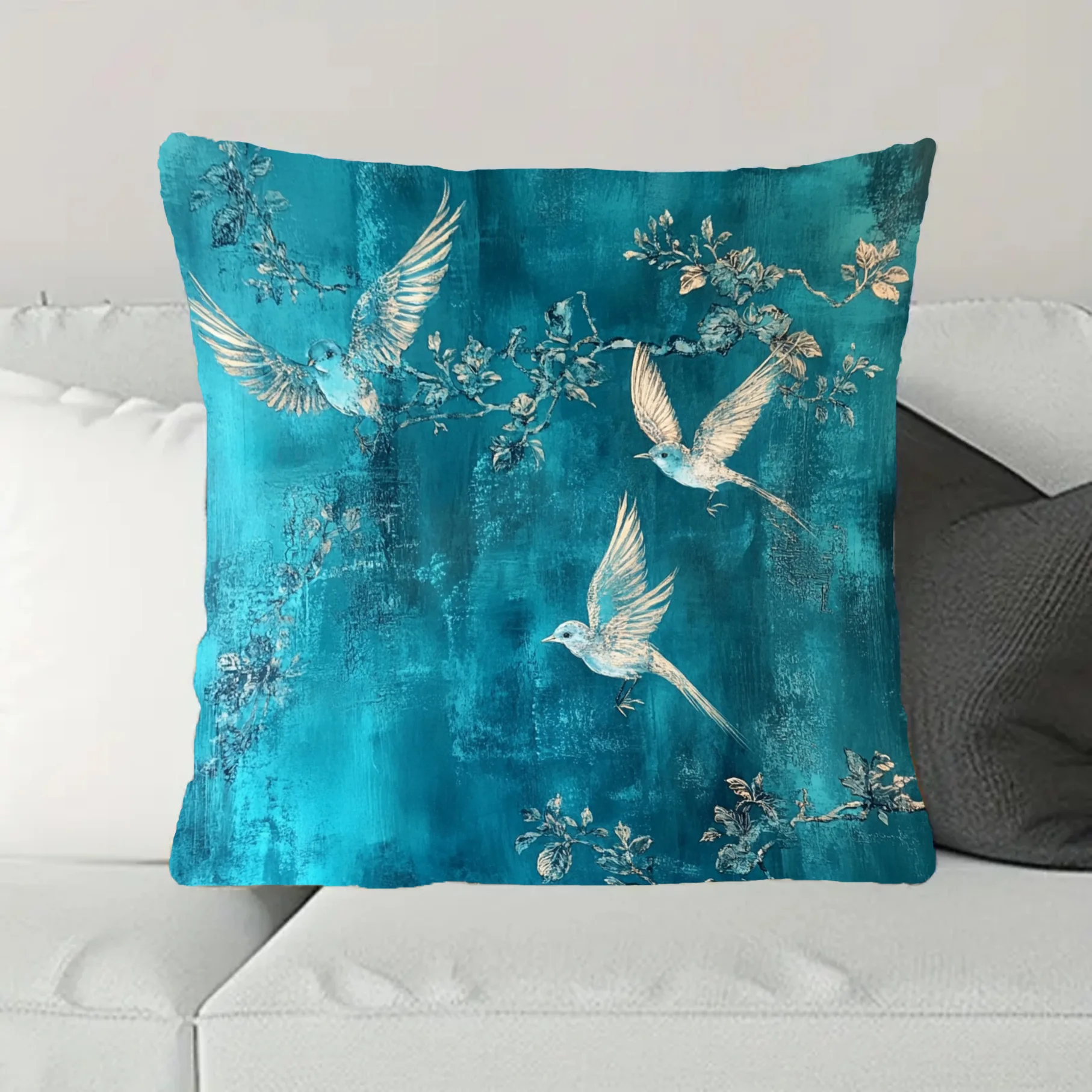 Teal Turquoise Bird Throw Pillow Cover Vintage Oriental Floral Print Decorative Cushion Case for Sofa Living Room Home Decor