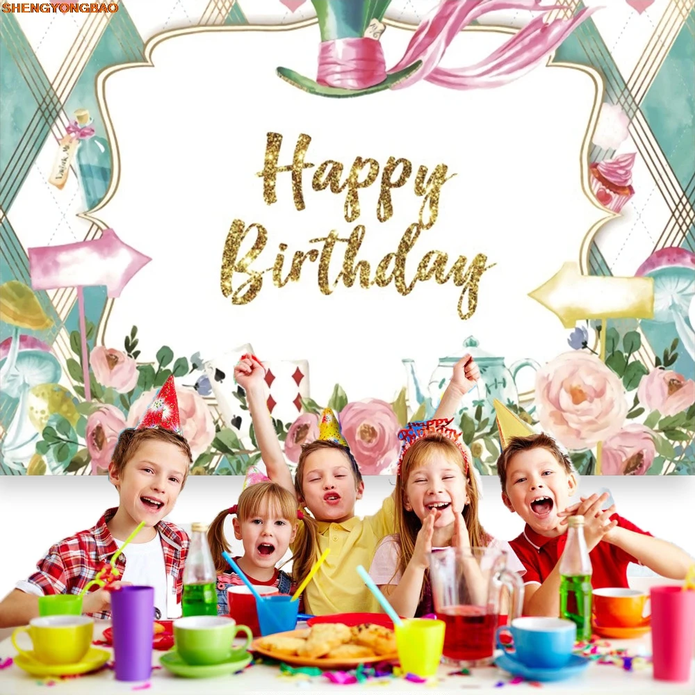 Princess In Wonderland ดอกไม้สีชมพูกระโปรงสาววันเกิดการถ่ายภาพฉากหลัง Tea Party Baby Shower Photo Studio พื้นหลัง