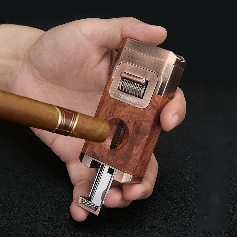 Stylish Luxury Cigar Lighter with V Shape Knife Cigar Holder Dual Nozzle Flame Butane Refillable Torch Lighter Smoker Gift