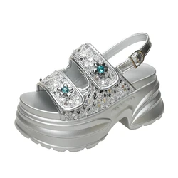 2025 New Summer Bling Sandals Women's 8CM Wedge Platform Open Toe Shoes Women's Thick Bottom Shoes Casual Shoes Fashion Sandals