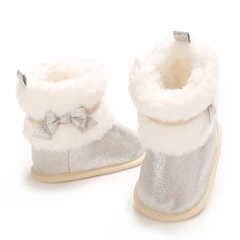 Chaussures plates chaudes et brillantes pour nouveau-né, chaussures de marche décontractées pour tout-petits, nœuds mignons, hiver