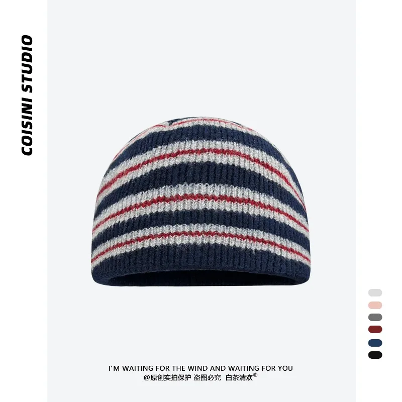 Koreanische gestreifte Strickmütze für Männer und Frauen, Herbst und Winter, verdickt und warm, modische Kurzschirm-Skull-Beanie-Mütze – Detail 1