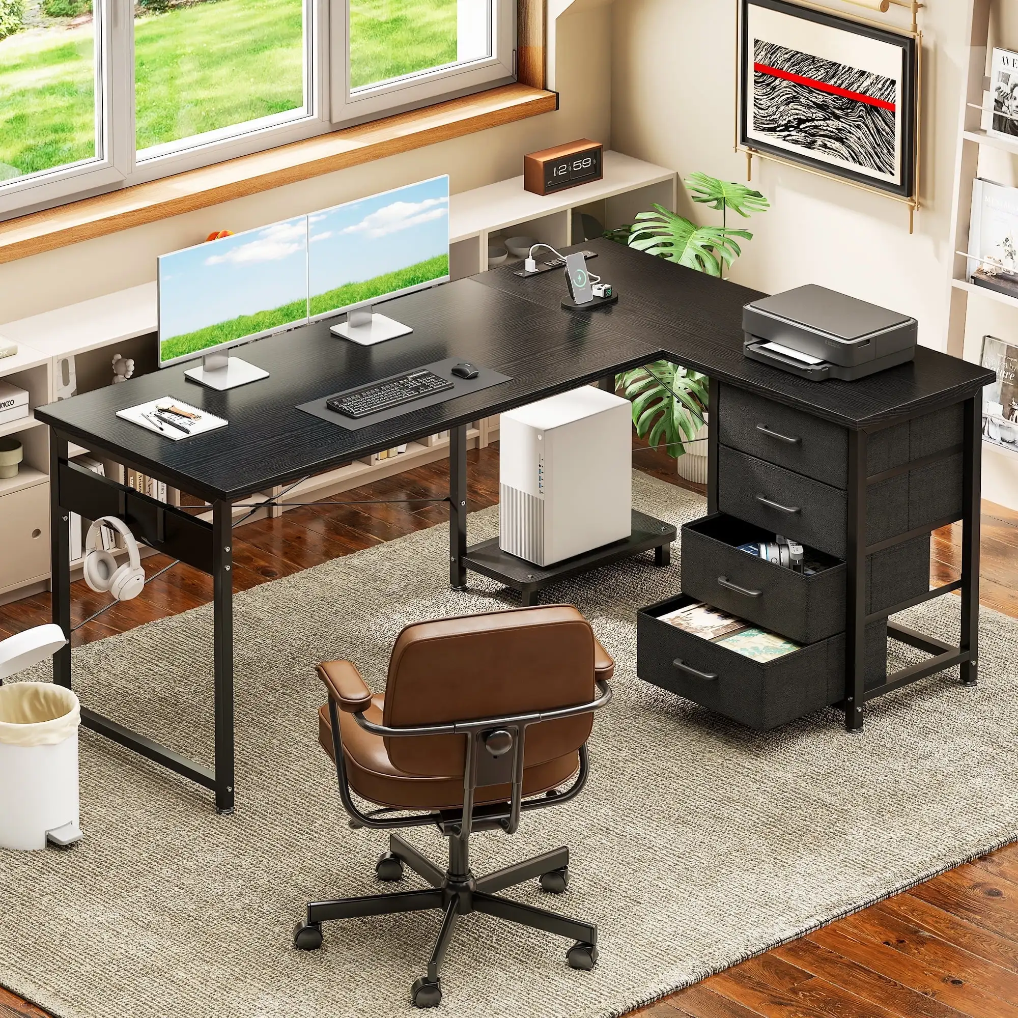 

L Shaped Computer Desk with Charging Station , 53 inch PC Table Study Desk 4 Tier Drawers, Modern Simple Style