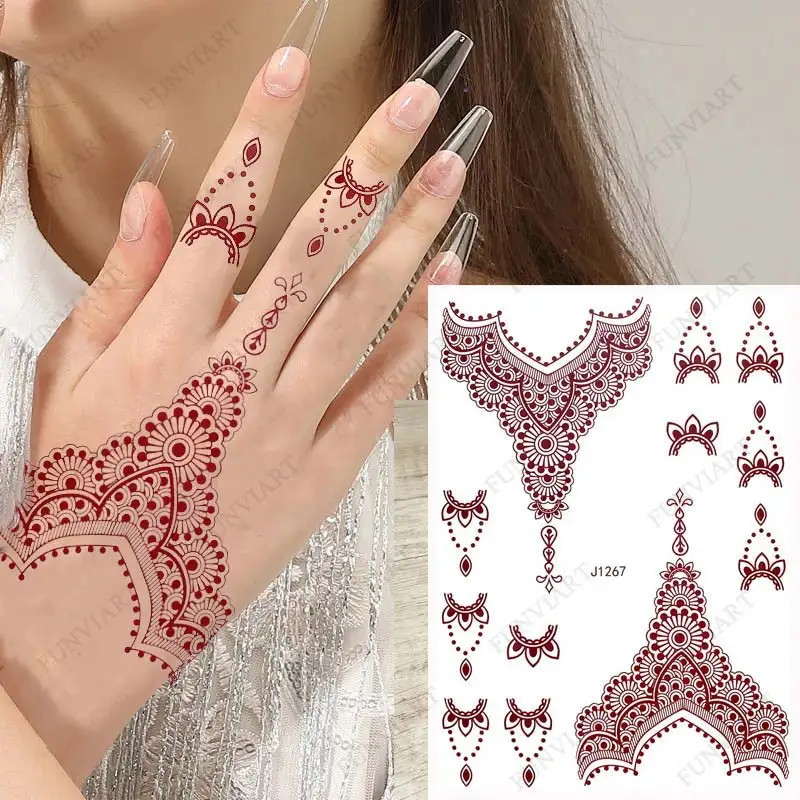 Brown Henna Tattoos Women Waterproof Temporary Henna Sticker for Hand Fake Tattoo Body Art Lace Mehndi Hena Tatoo