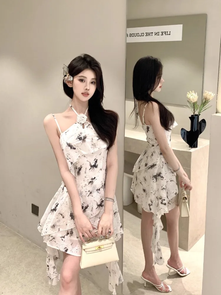 Ezgaga Elegant Mini Dresses Women Floral Printed Ruffles Irregular Slim Sleeveless Halter Backless Vintage Sexy Dress Party