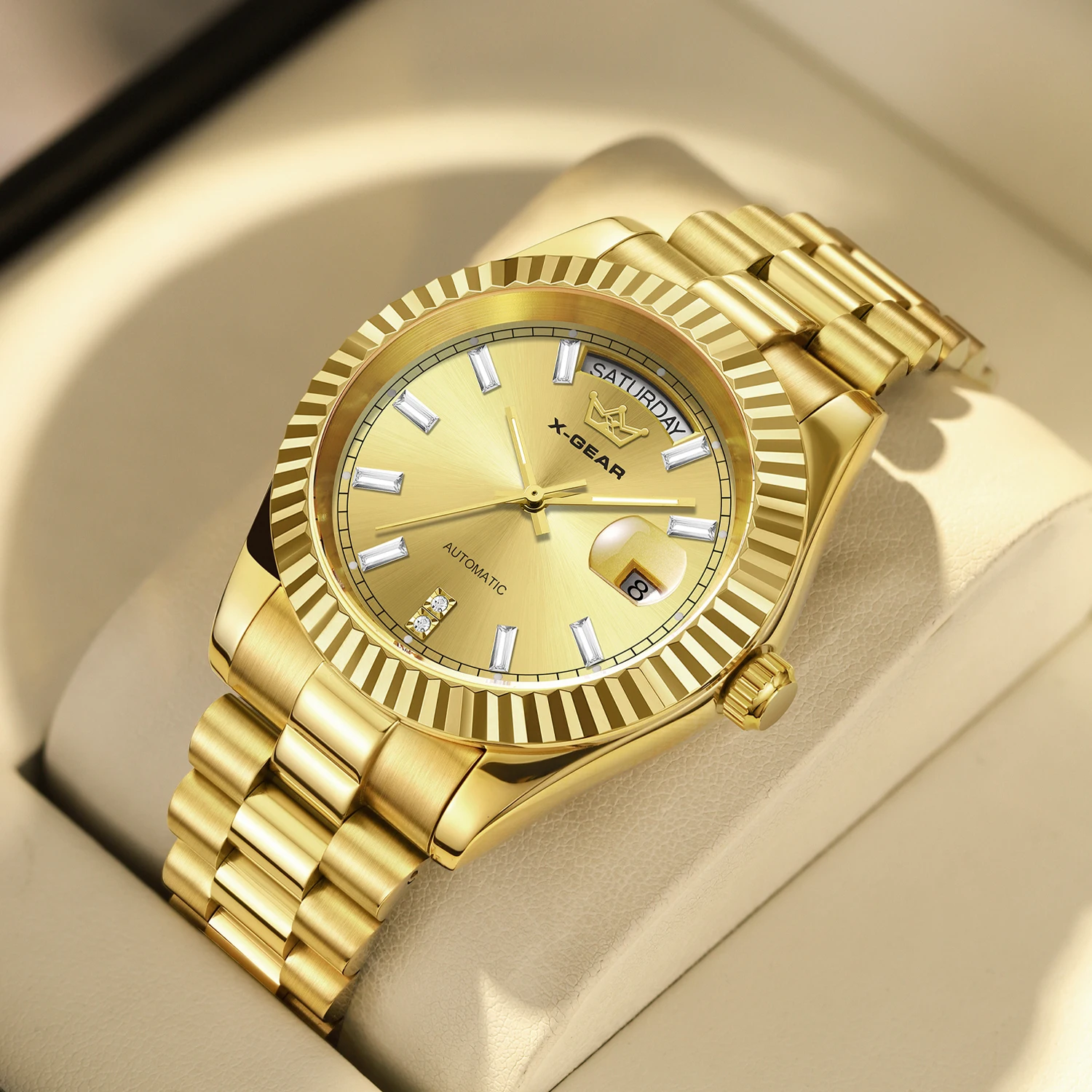 ساعة ميكانيكية أوتوماتيكية X-GEAR للرجال، ساعة فاخرة مقاومة للماء، ساعة عرض تقويمية مضيئة