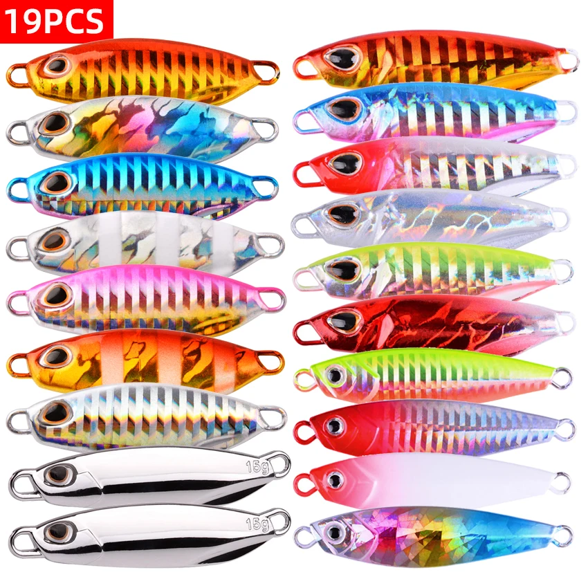 19PCS Mix Metal Cast Jig Hooks 10g 15g 20g 30g 40g Shore Casting Jigging Fish Sea Bass Fishing Lure Artificial Bait Tackle