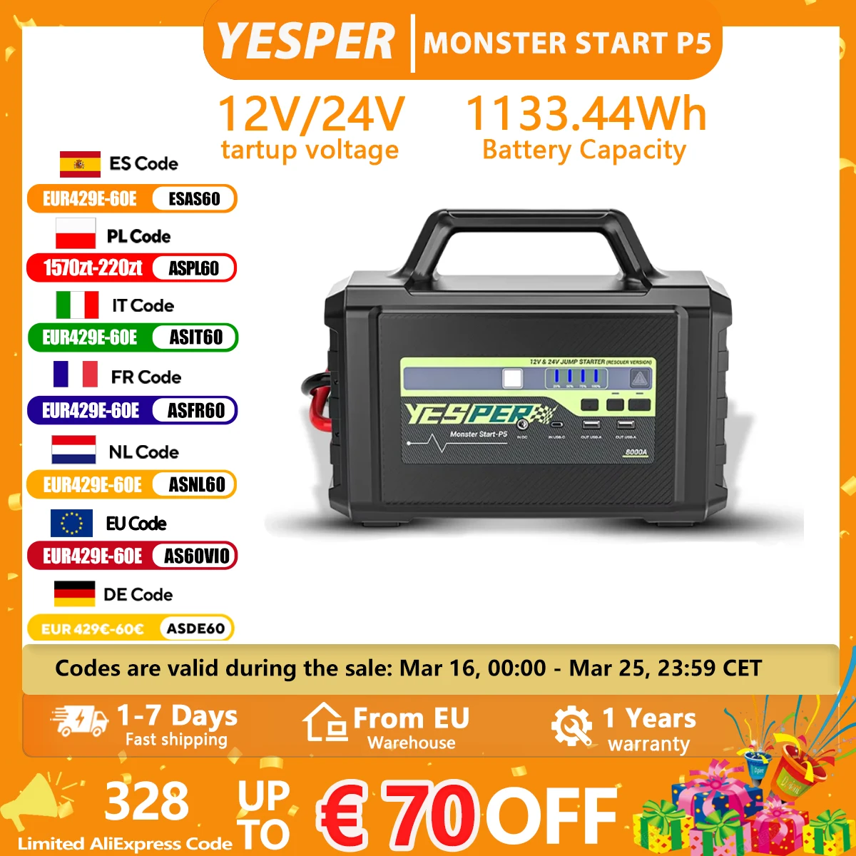 YESPER MONSTER START P5 12V/24V Démarreur portable 1133.44Wh de capacité, Démarreur portable pour excavatrices, voitures, VR Breakdow