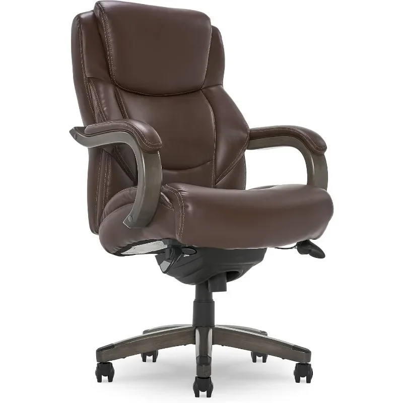 Big And Tall Executive Office Chair High Back Ergonomic Lumbar Support, Bonded Leather, Brown with Weathered Gray Wood