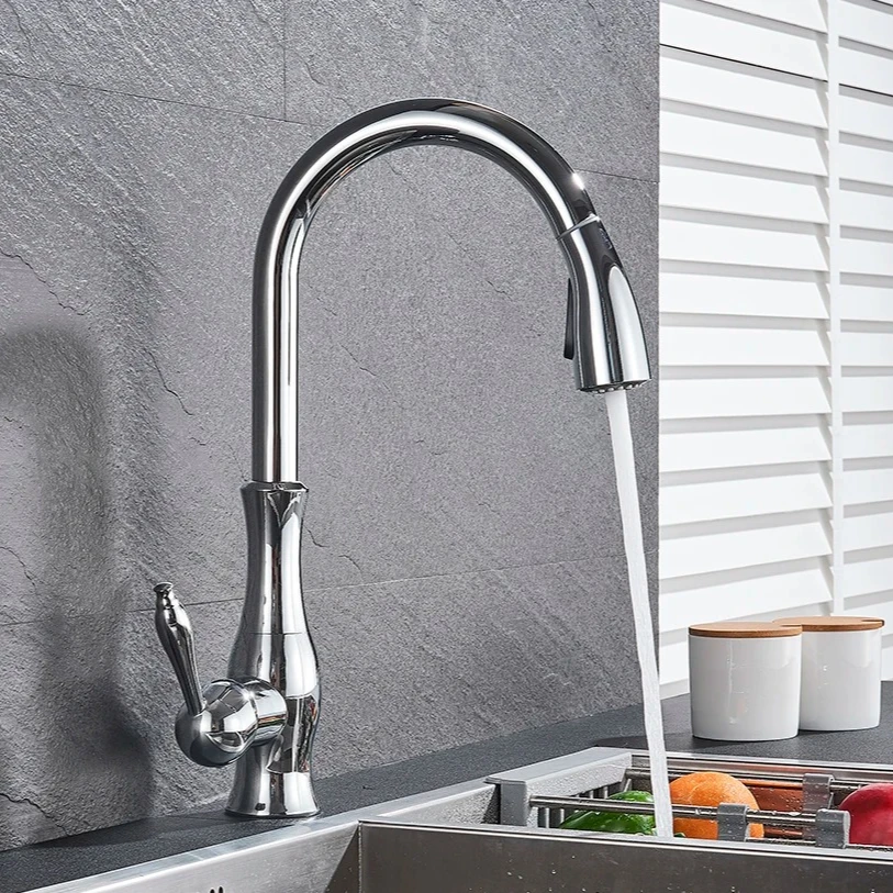 Kitchen Faucets Rotation Hot&Cold Water Mixer Tap Gold Polish Swivel Spout Sink Faucet Pull Down Sprayer Single Handle Faucets