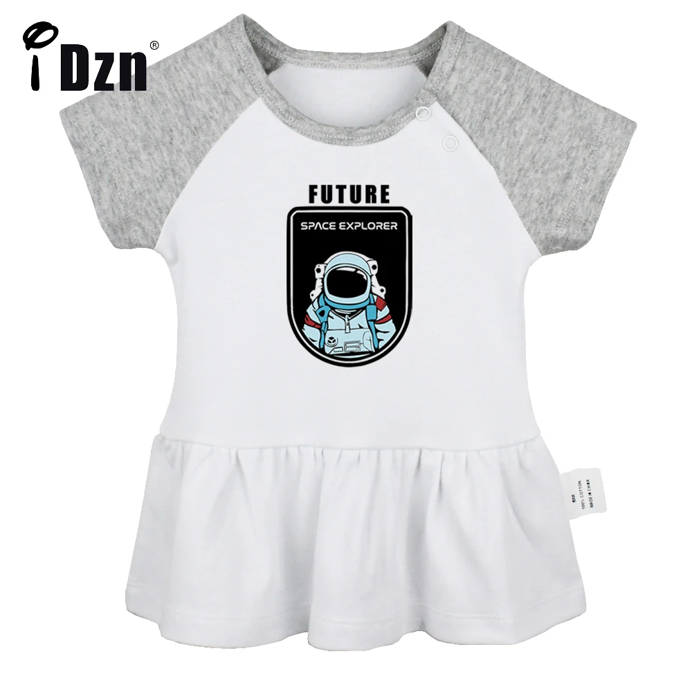 iDzn Summer NEW Future Planet Space Explorer Baby Girls Cute Short Sleeve Dress Infant Funny Pleated Dress Soft Cotton Dresses