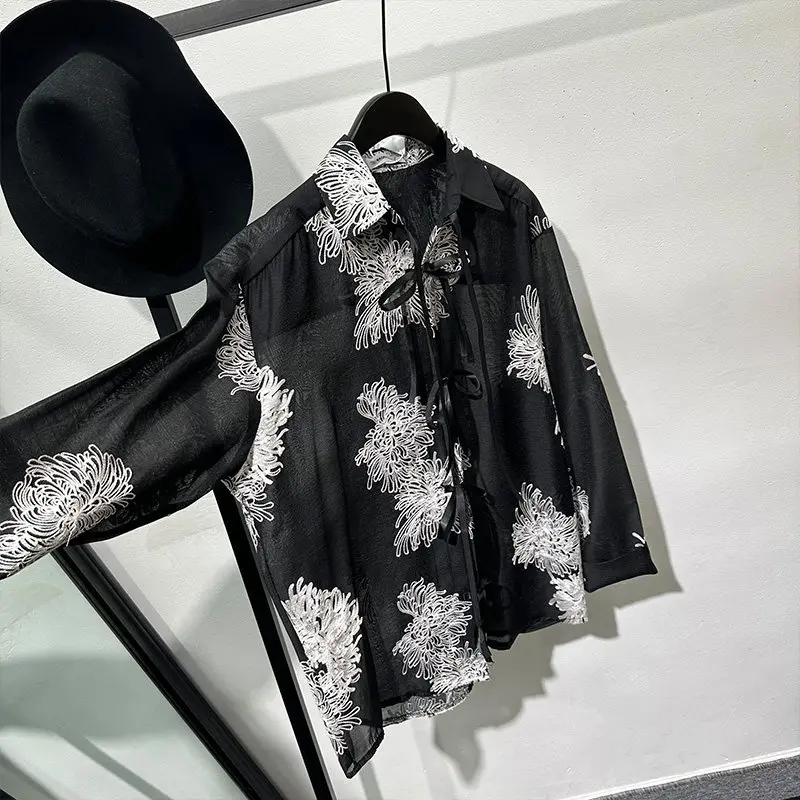 Design Sense Retro Style Hollow out Printed Loose Long Sleeves Shirt High-Grade Fashionable Transparent Men's and Women's Tops