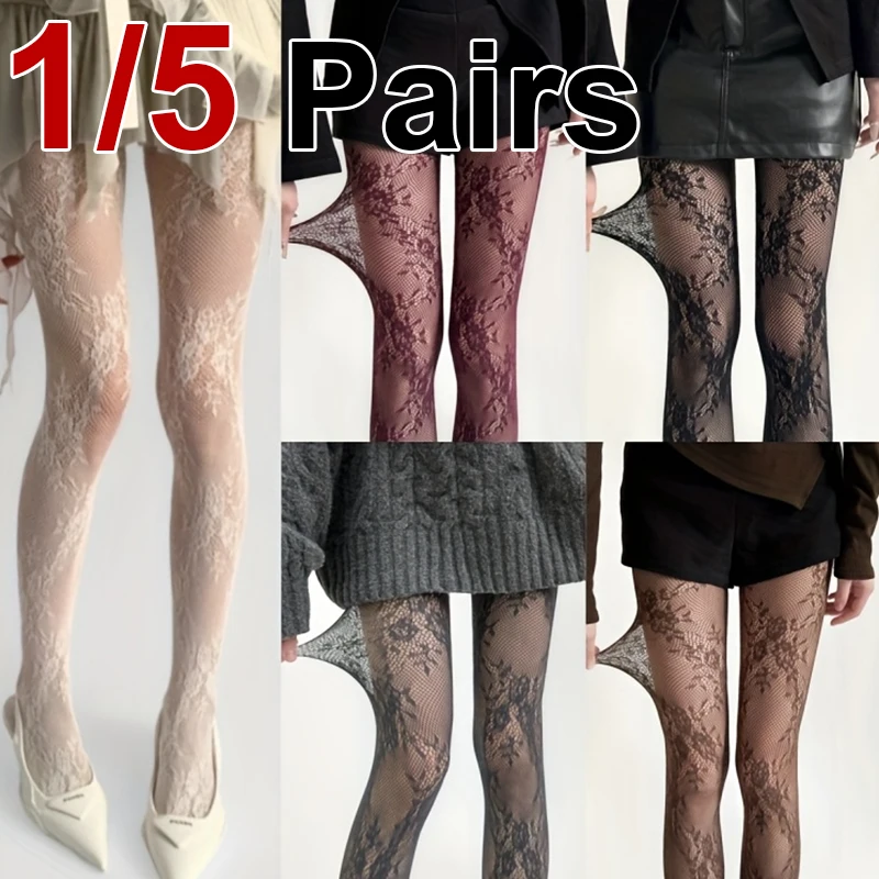 1/5 Stück Retro Durchbrochene Blumen Damen Netzstrumpfhose Modische Sexy Jacquard Atmungsaktive Bequeme Lässige Lange Socken – Detail 7