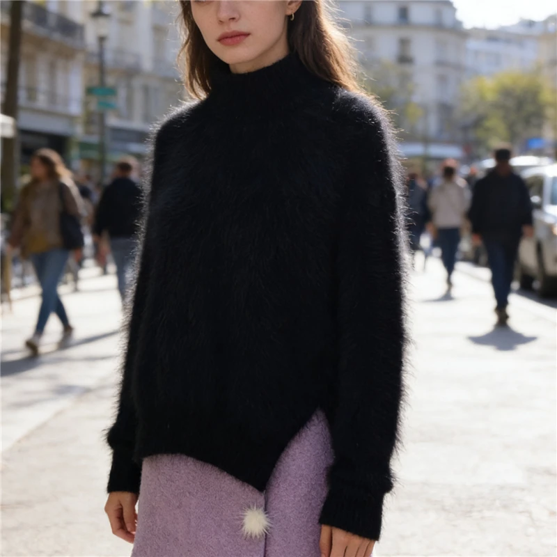 

Женский осенне-зимний свитер-пуловер из черного пушистого плюша и кашемира с воротником-стойкой и разрезом, свободного кроя