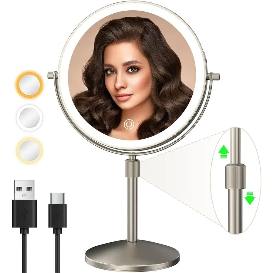 

Зеркало для макияжа с подсветкой, 1-кратное и 10-кратное увеличение, двустороннее, с регулировкой яркости, перезаряжаемое, с регулировкой по высоте.