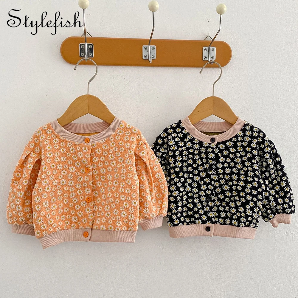 Instagram Spring and Autumn Baby Clothing Neutral Baby Daisy Printed Cotton Knitted Cardigan Long sleeved Baby Coat Baby Clothin