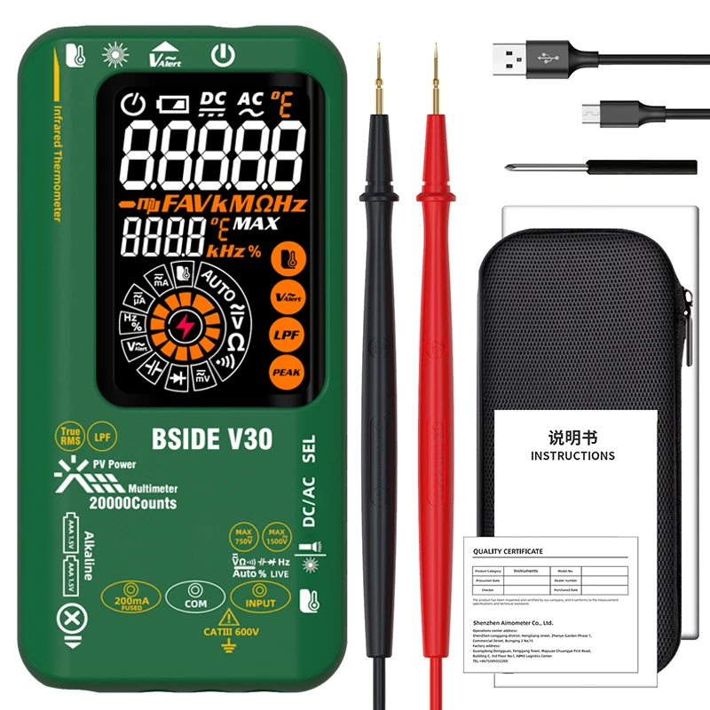 20000counts Smart Infrared Temperature Tester T-RMS 1500V DC AC Voltage Rechargeable Multiteter DMM BSIDE NEW Digital Multimeter