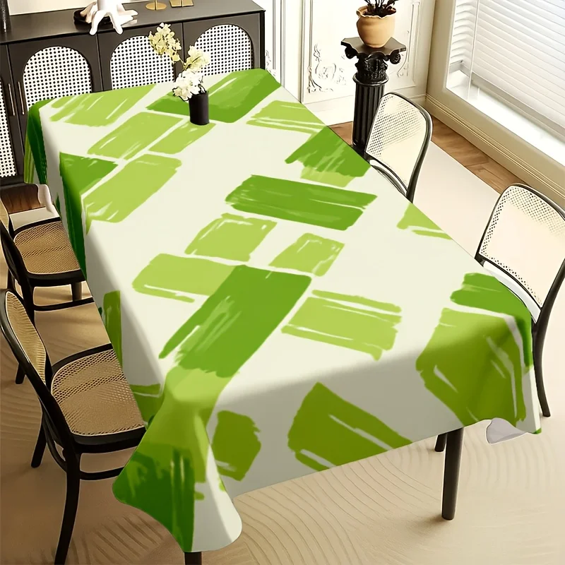 Abstract Brush Tablecloth, Off White Base With Green Block Graphic Print, Rectangular Table Cover for Dining & Kitchen Decor