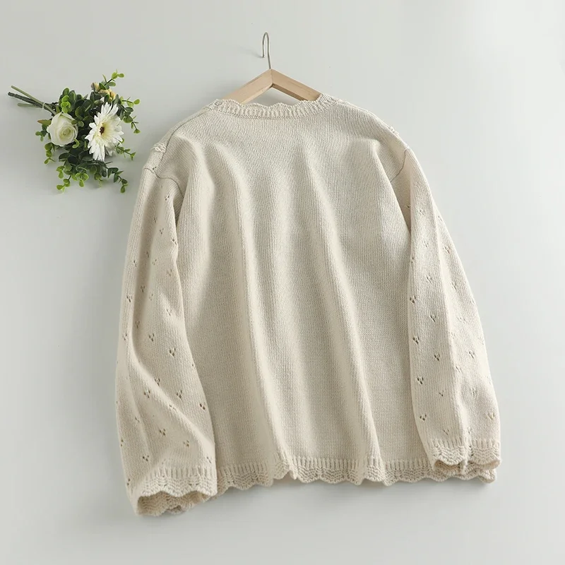 Sweet Mori Girl Vintage Embroidered Knitted Sweater Pullovers Women O-neck Long Sleeve Hollow Out Casual Loose Tops