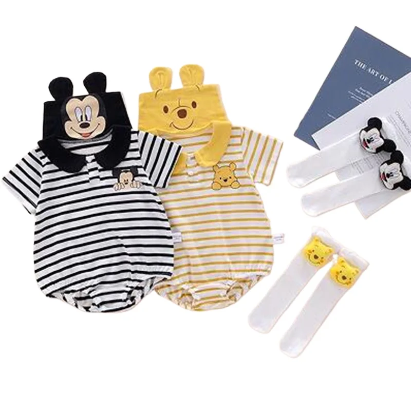 

Baby Girls Rompers Mickey Mouse Winnie The Pooh Newborn Sock 2pcs Clothes Set Cartoon Cotton Jumpsuit Boys Short Sleeve Bodysuit