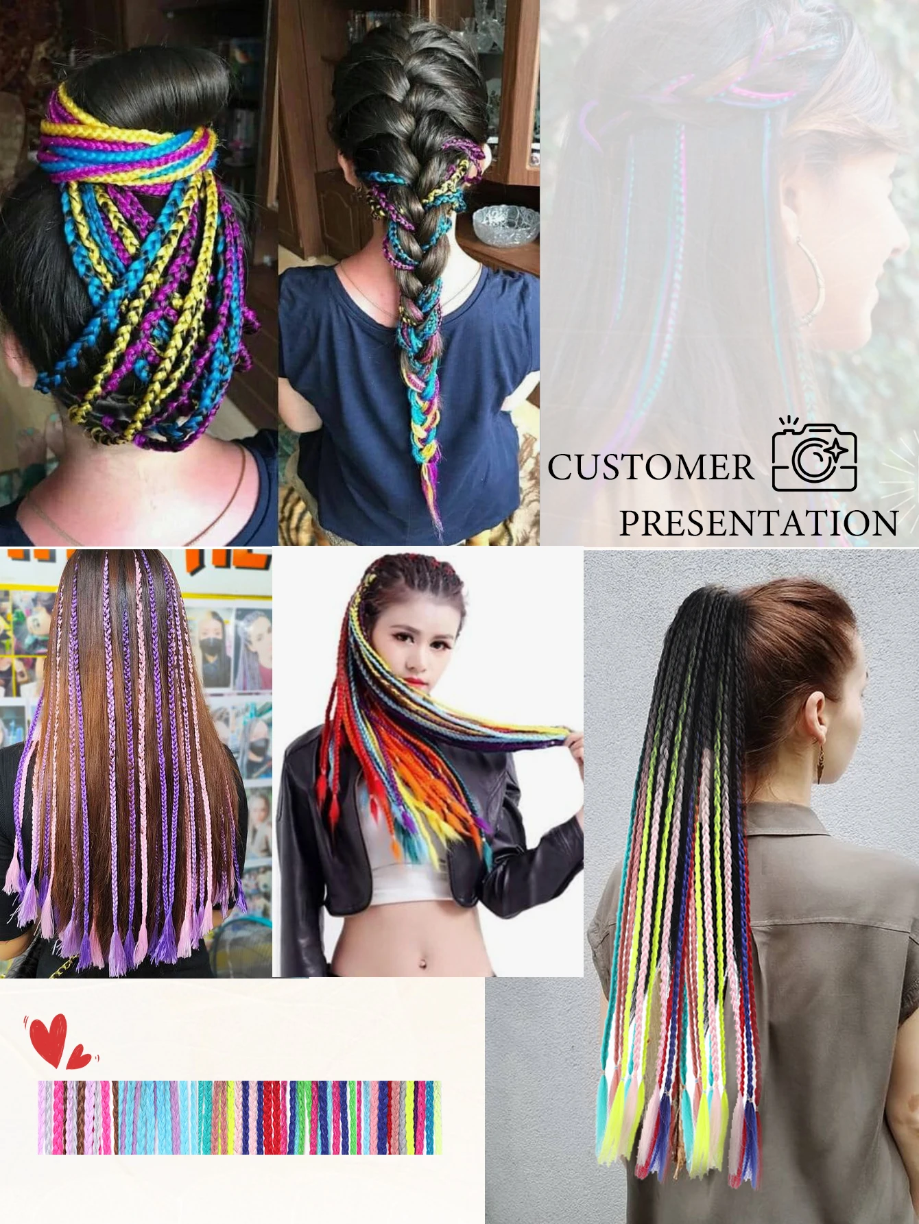 وصلات شعر صناعية مضفرة بألوان قوس قزح مع أربطة مطاطية على شكل ذيل حصان مستقيم لحفلة مهرجان الموسيقى والعام الجديد