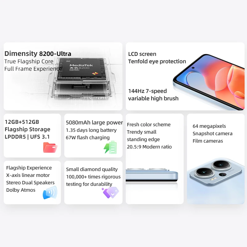 Redmi Note 12T Pro ROM Global, Dimensão 8200, Display LCD Ultra 140Hz, Câmera Tripla 64MP, Bateria 5080mAh, Carregamento 67W