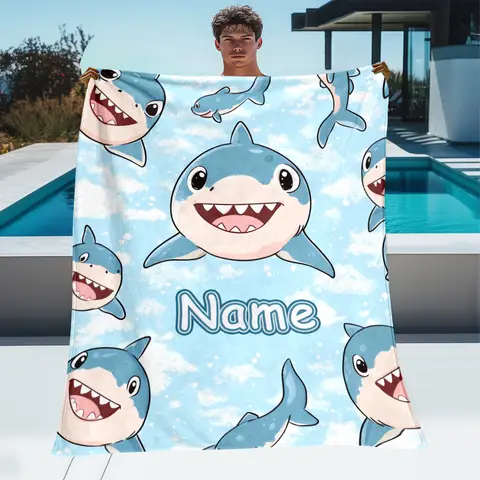 Customized name cute cartoon shark blanket, digital print, suitable for sofa beds, travel camping, living rooms and offices