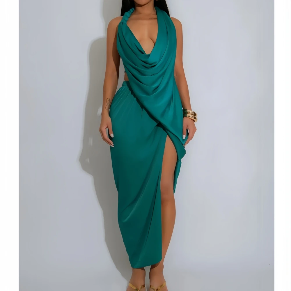 

HLJ Sexy High Slit Bodycon Dress Women Solid Color Halter Deep V-Neck Ruched Patchwork Dresses Female Party Clubwear Vestidos