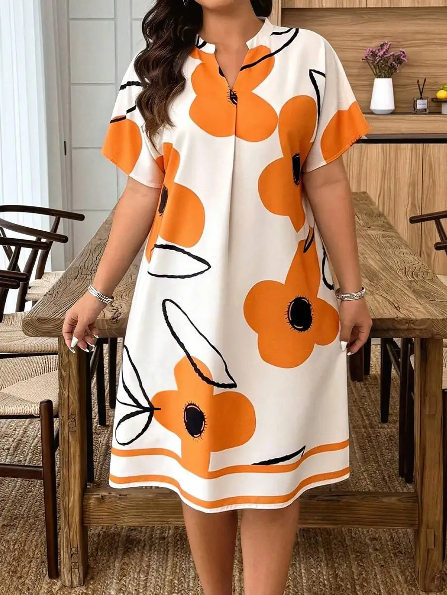 

Plus Size Women Summer Vacation Floral Print Loose Batwing Sleeve Dress