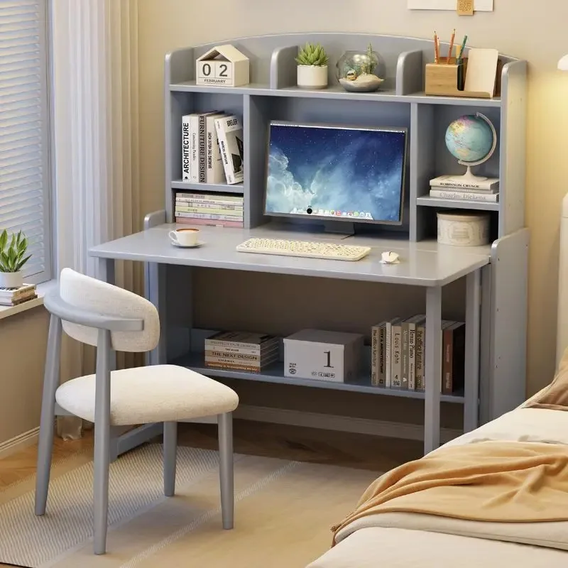 Solid wood desk wind bookshelf integrated table household folding computer table small apartment bedroom student writing table