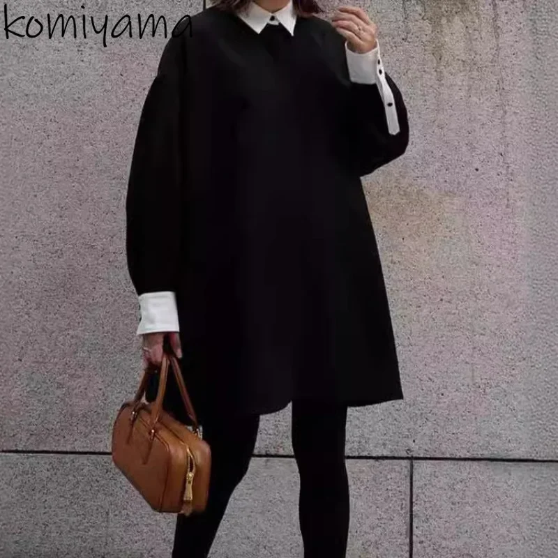 Hit Color Lapel Women Dresses Japanese Loose Straight Vestidos Mujer Temperament Dress Long Sleeve Vestido 2024 Autumn Robes