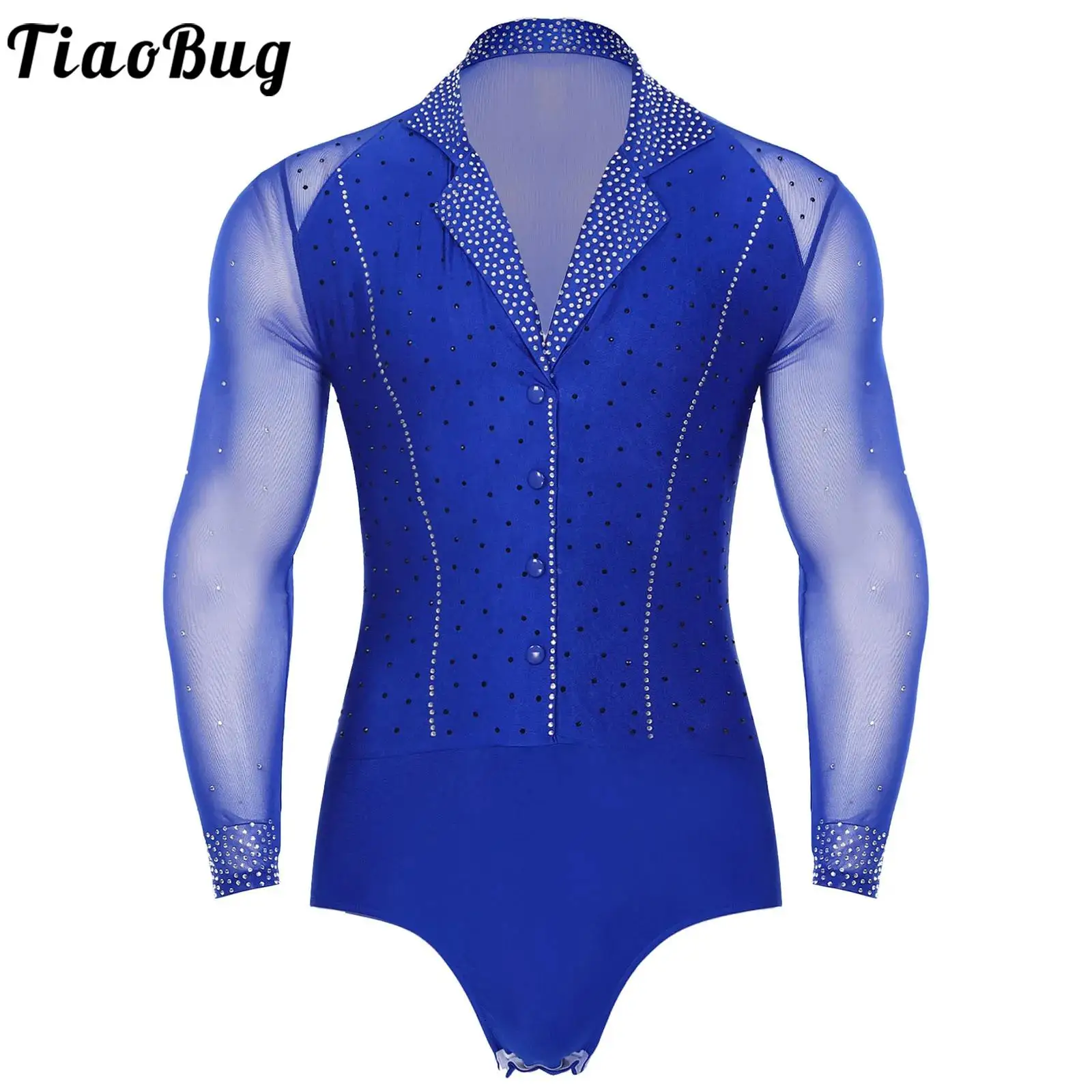 Mens Latin Dance Leotard Shirts Lapel Collar Mesh Long Sleeve Bodysuits Gymnastics Tango Rumba Chacha Dance Shirt Stage Costume