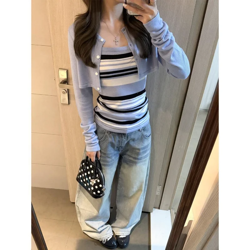 Blue Knitted Suits Women 2026 New Short Sweater Cardigan Striped Strapless Vest Fashion Y2k Aesthetic Two Piece Sets view 2