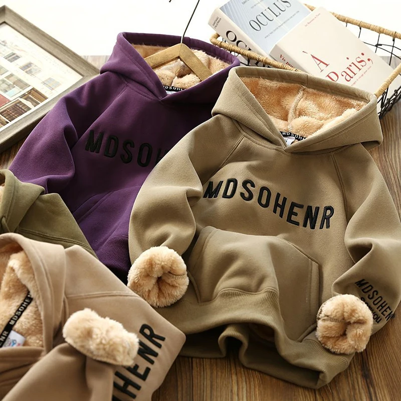 

Boys Autumn Winter Plush Warm Hoodie Kids Korean Fashion Letter Print Streetwear Pullover Casual Loose Fit Sweatshirt 5-14 Years