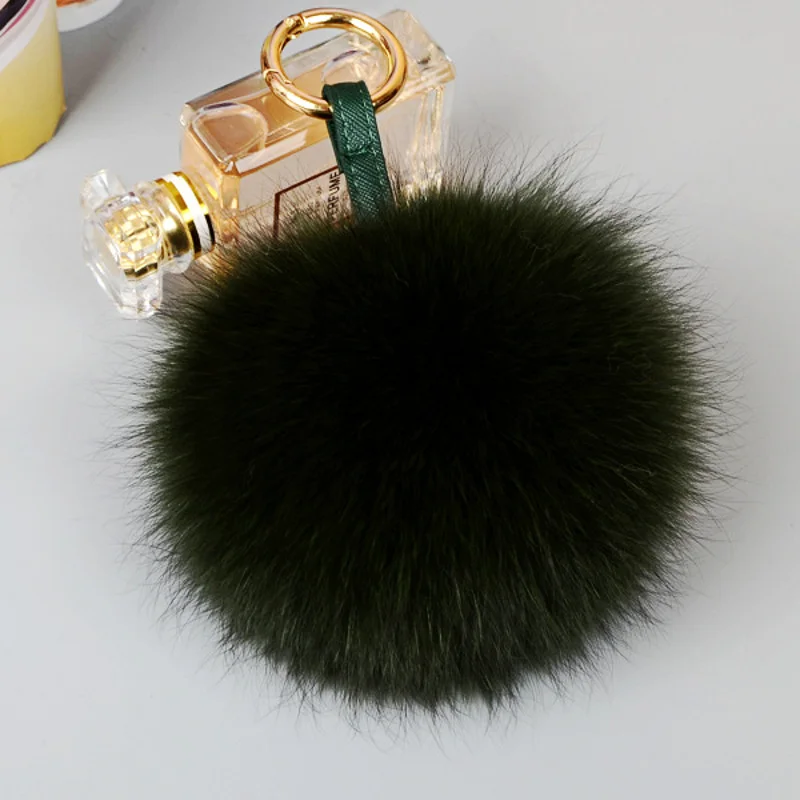 Big 10cm Fluffy Real Fox Fur Ball Pom Poms Natural Fur Pompom Leather Strap Keychain Key Chain Ring Pendant For Women Charm