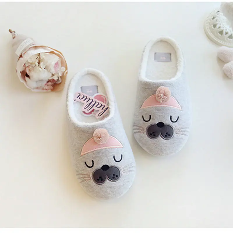 Cute Plush Sea Seal Slippers Indoor Fabric Shoes Rubber Bottom Girl Shoes Female Women